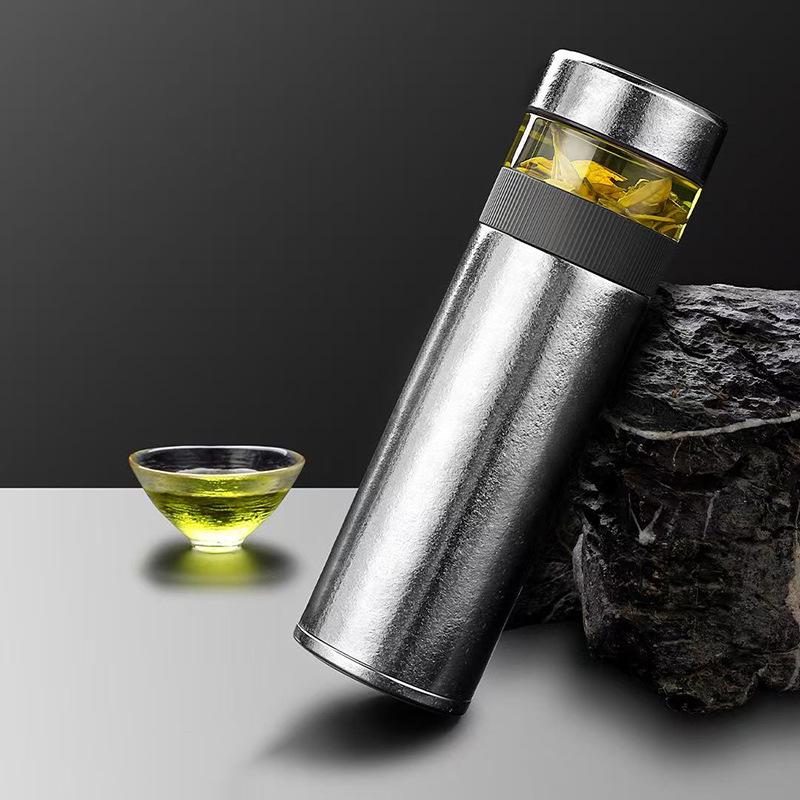 Hong Hao Pure Titanium Tea Separation Cup - Portable Car Thermos with Inner & Outer Design, Laser Engraved, Perfect for Stewing Tea and Gifting