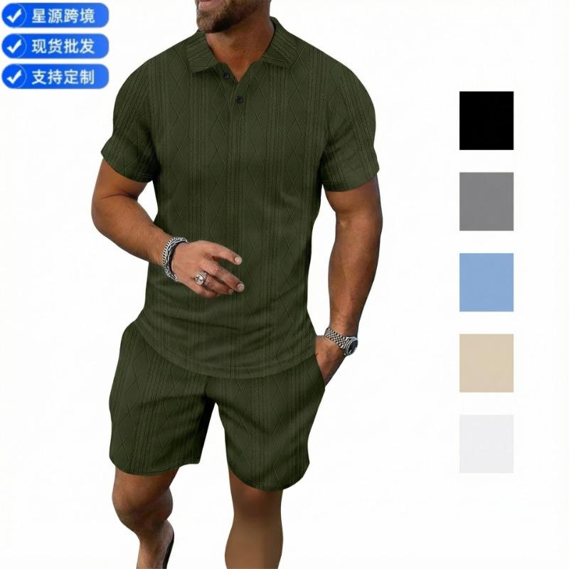 Men Casual Summer Turn Down Collar Short Sleeve Jacquard Polo Shirt And Shorts Set