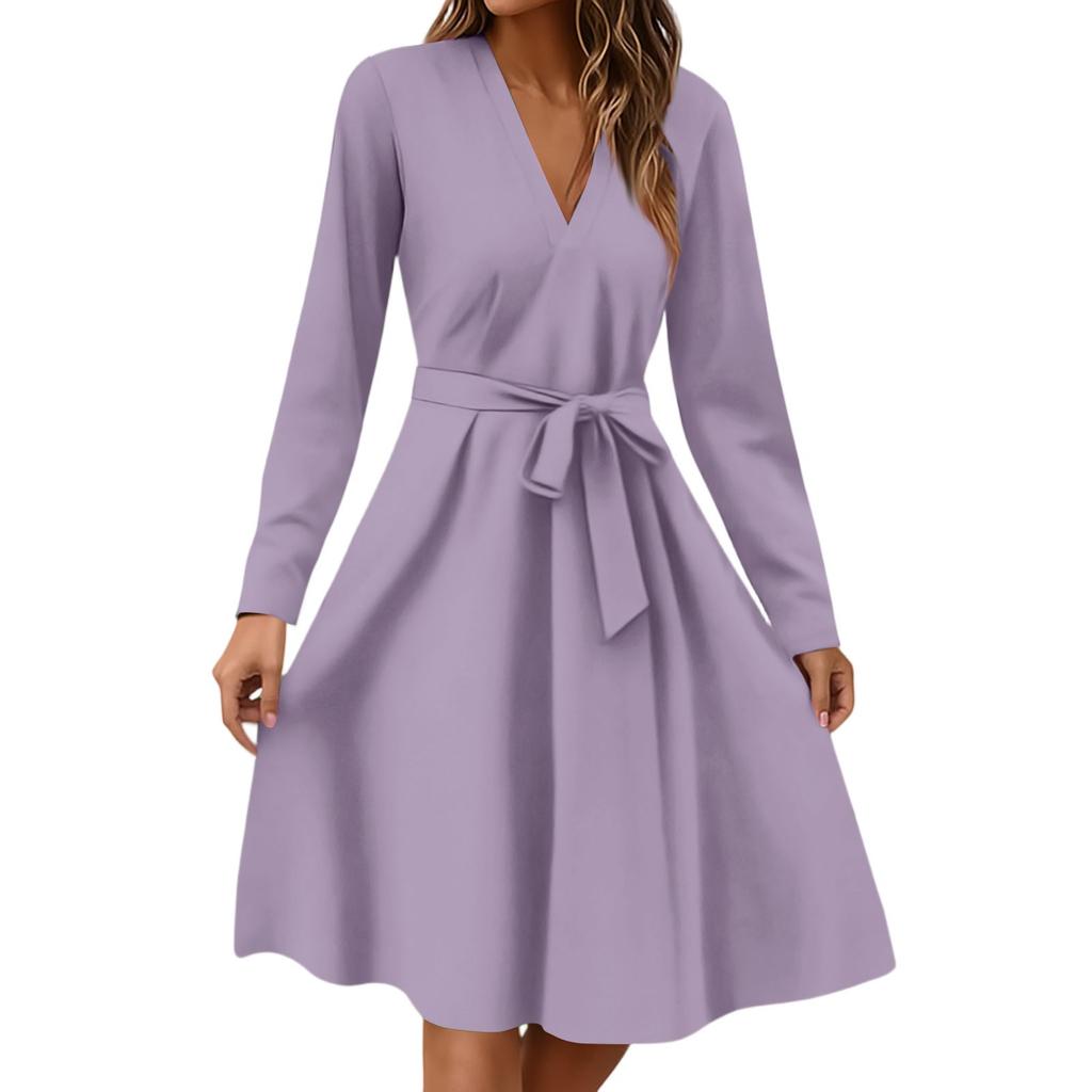 Women's Fashion Casual V-Neck Long Sleeve Waist Floral Print Midi Dress