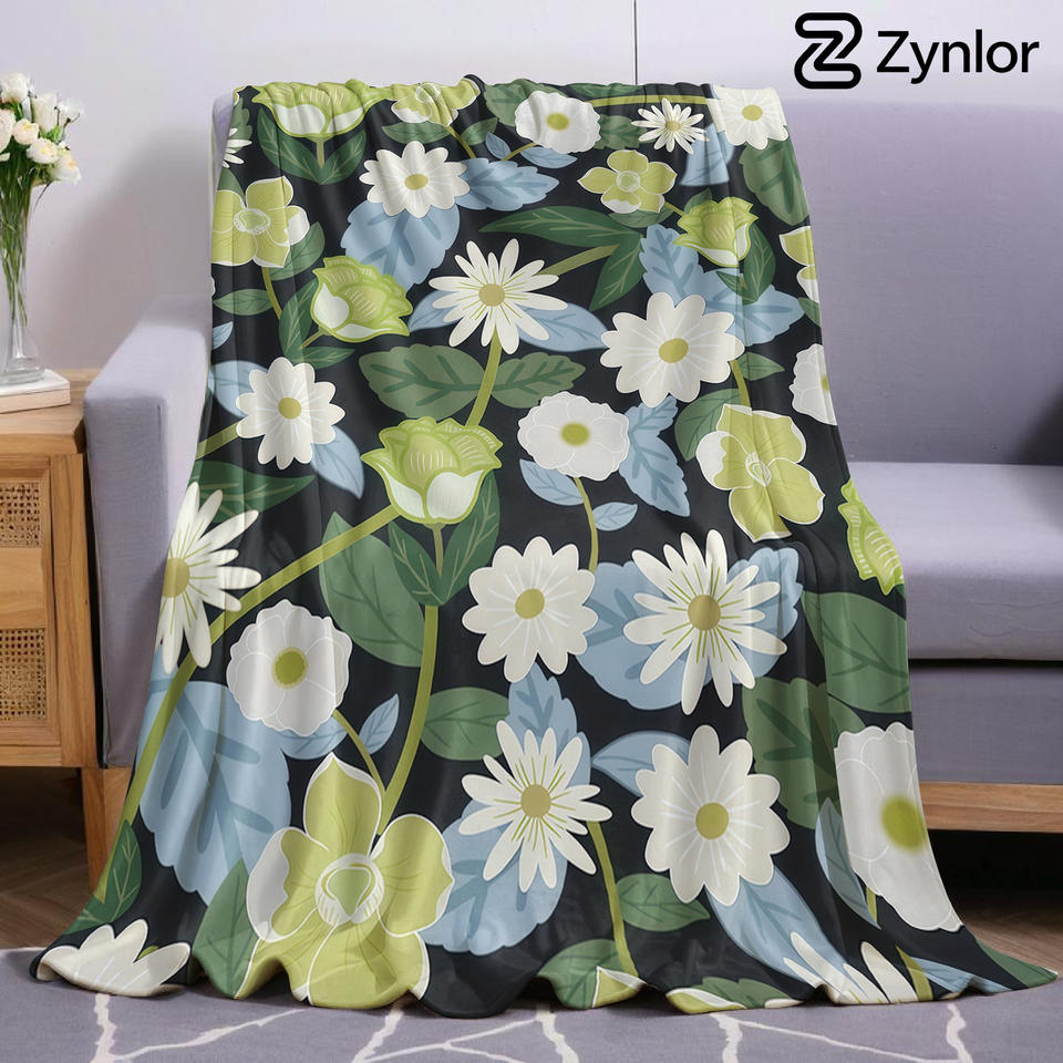 Dark Base Green and White Floral Lightweight Microfiber Soft Fleece Blanket Warm Cozy Throw for Sofa Office Travel All Season