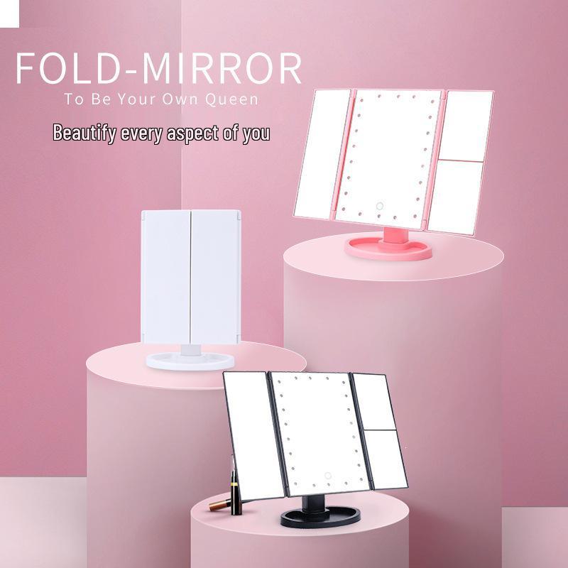 Rotatable 3-Fold LED Makeup Mirror with Magnification and Desktop Storage