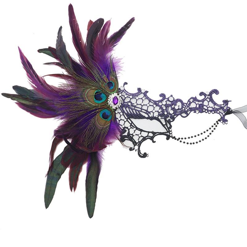 Velcro Peacock Feather Lace One-eyed Bronzing Chain, Halloween Party Mask
