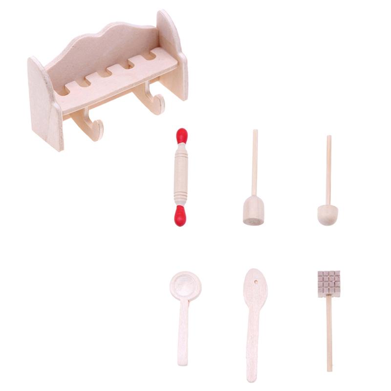 1Set Dollhouse Miniature Cookware Rolling Pin Spoon With Storage Rack Kitchen Utensils Model Doll House Decor Accessories