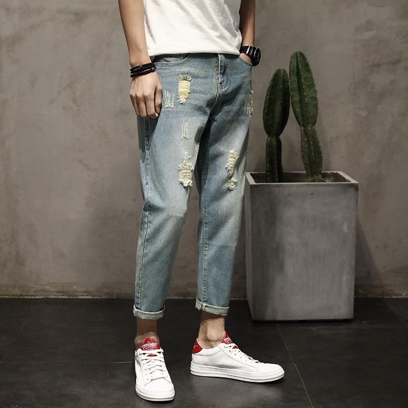 

New Men s Loose-Fit 9-Point Japanese-Style Jeans with Ripped Details - Model 905 32