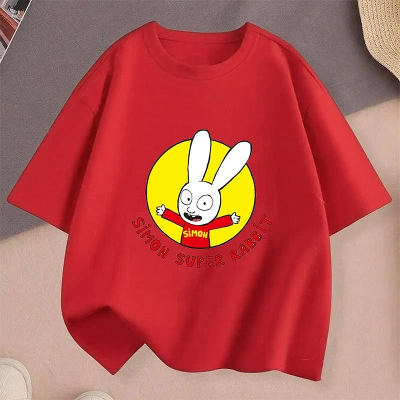 

Simon Super Bunny T-Shirt Funny Kids Boys Round Neck Short Sleeve Top Spring Summer Girls Casual Cartoon Pattern Clothing XS червоний