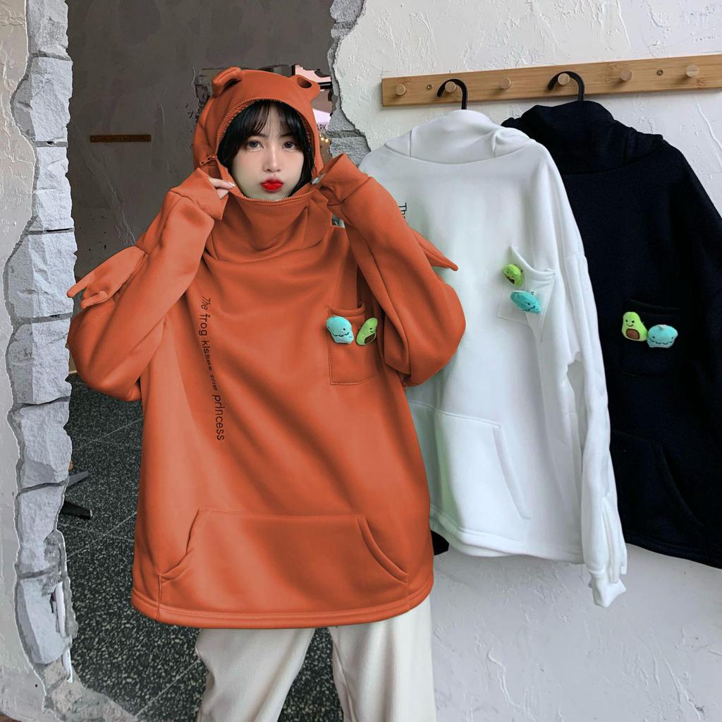 Women's Trendy Frog Pullover Hoodie - Long Sleeve, Unisex, Plus Velvet, Autumn/Winter Style