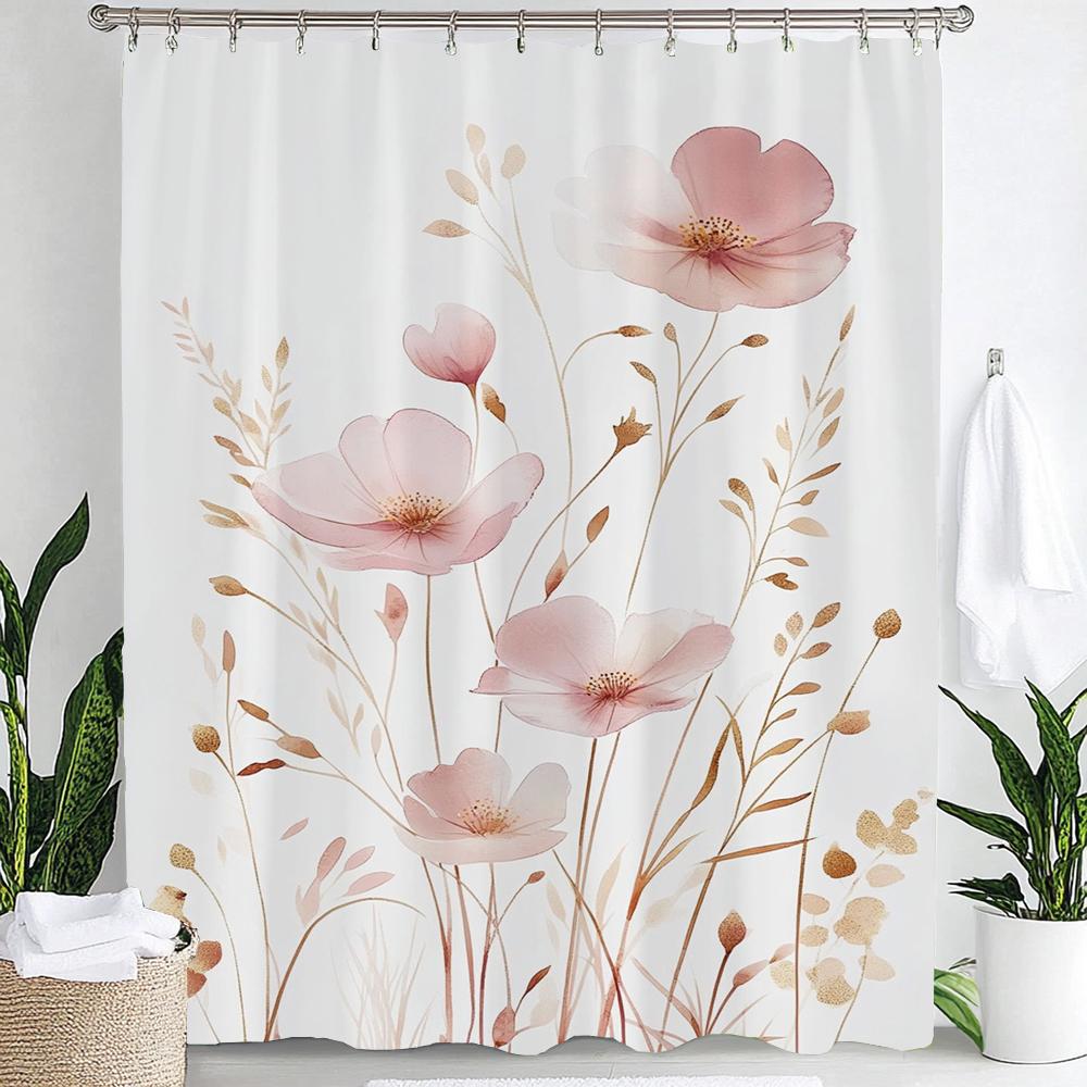Watercolor Flower Leaves Printed Shower Curtain Partition Privacy Hanging Curtain With 12 Hooks Multiple Sizes Machine Washable