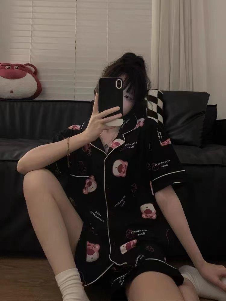 Japanese sweet strawberry bear print pajamas women s summer short-sleeved shorts two-piece set women s casual and comfortable loungewear S