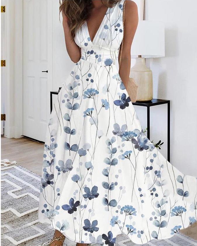 2023 Women's Summer V-Neck High Waist Sleeveless Printed Dress