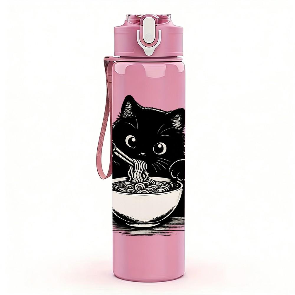 1PC Black Cat Eating Noodle Print 750ml Color Plastic Sports Water Bottle Leakproof Flip Straw Lid Suitable for Sports Office Home Use