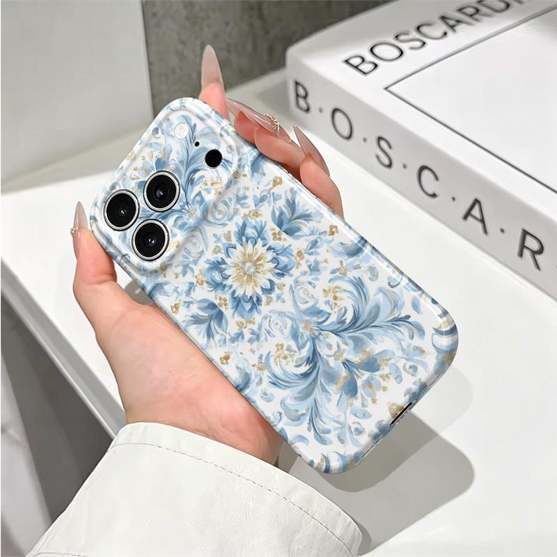 Refined Blue Gold Ornate Baroque Floral Pattern Graphic Art Film Aesthetic Protective Shockproof Bumper Case Cover For iPhone 13 14 15 16 Pro Max Plus