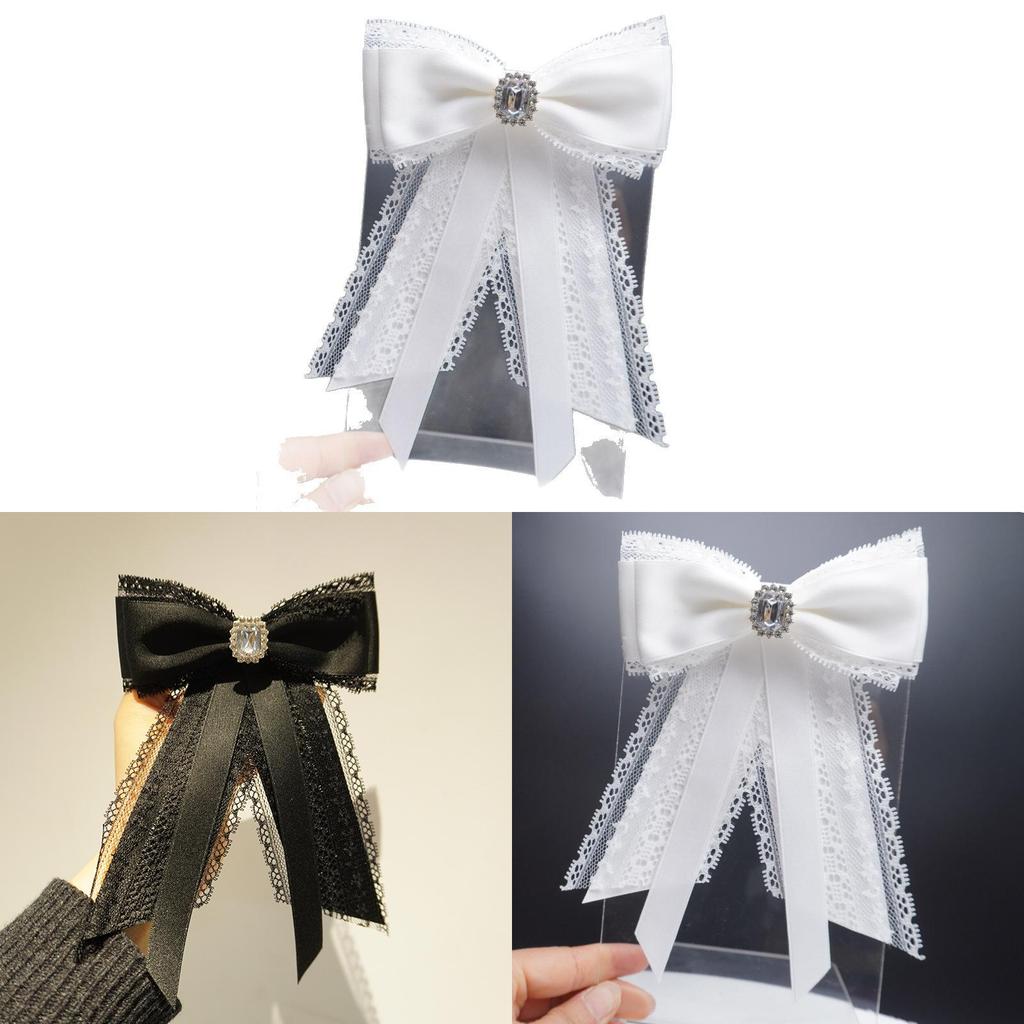 Black Lace Bow Tie With Rhinestone Brooch For Womens Fashion Accessories