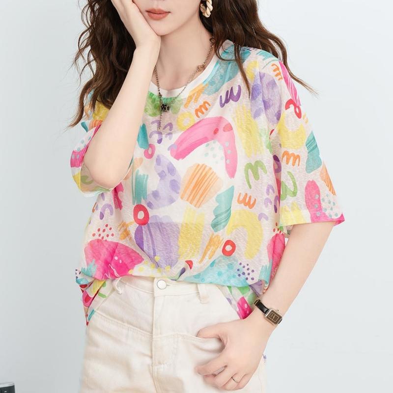 DIMANAF 2026 Plus Size Summer Women T-Shirts Casual Lady Tops Tunic Tees Shirt Beach Oversize Loose Floral Print Knitted