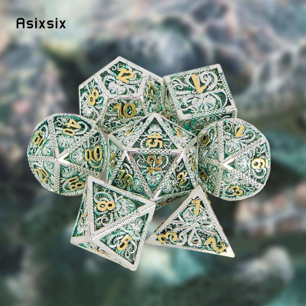 7 Pcs Silver Green Squid Metal Dice Hollow Metal Polyhedral Dice Set Suitable for Role-Playing RPG  Board Game Card Game