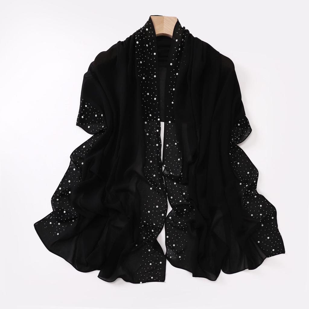 Pearl Chiffon Scarf With Ceramic Diamond Long Shawl For Women