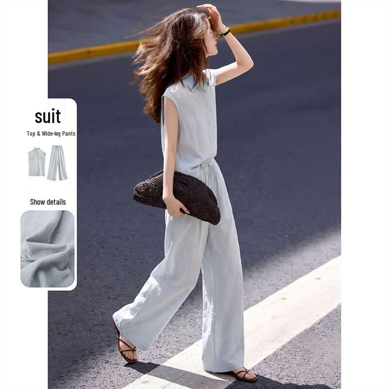 Linen Blend Embroidered Shirt & Wide-Leg Pants Set L