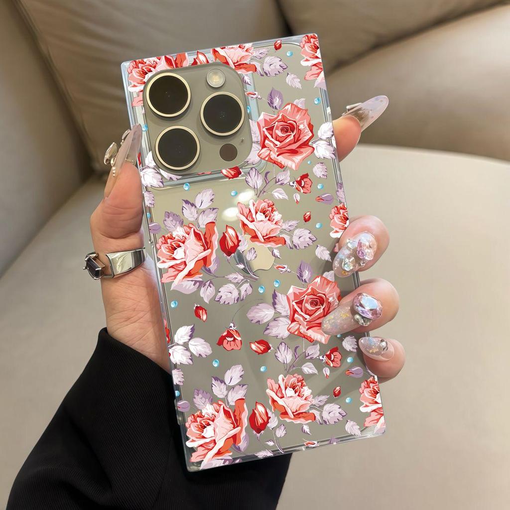 Clear Square Back Tube Case Protection For iPhone 12 13 14 Pro Max 15 Plus 11 16 ProMax Anti-Oxygen,Loving Roses Pattern Casing