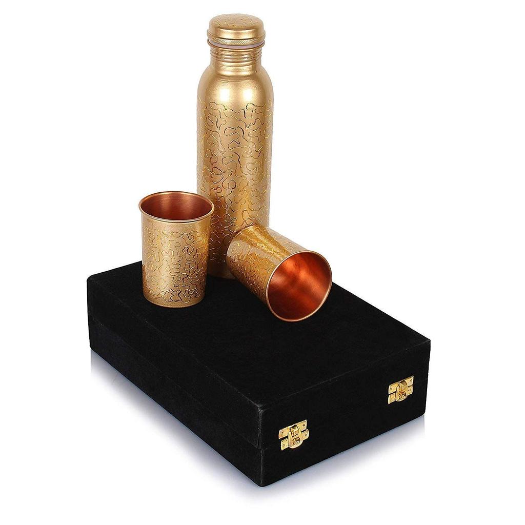 Copper Water Bottle, 1000ml, Set of 1, Green Print (Bottle With Glass)