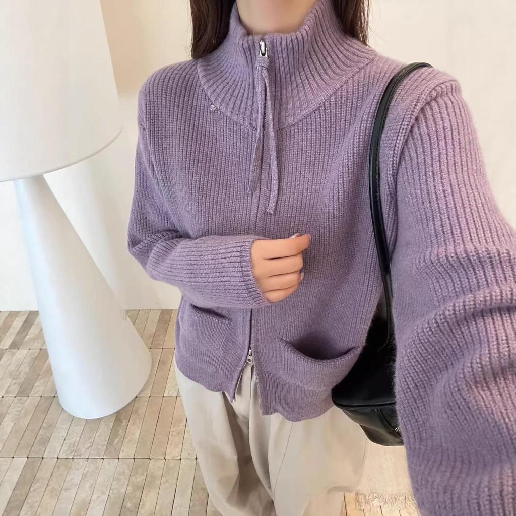 Women's Retro Japanese-Style Zipper Knit Cardigan with Ribbon - Winter Casual Versatile Half-High Collar