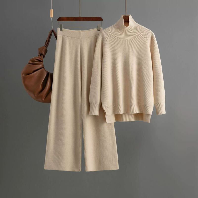 Fashion Pure Color Knitting Turtleneck Sweater Loose Pants Suit Knited Sweater and Pants Set