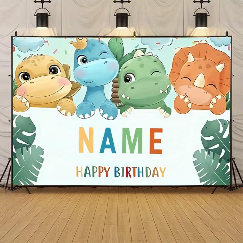 Watercolor Style Dinosaur Birthday Backdrop, Customizable Name Cute Cartoon Dino Background with Tropical Leaves