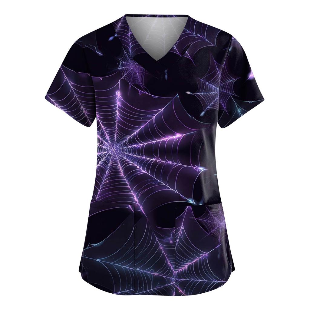 Women's Fashion V-Neck Short Sleeve Overalls With Pockets Halloween Printed Tops  Apparel