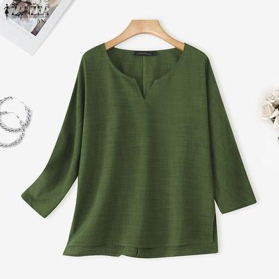 Camicetta casual da donna a maniche lunghe con scollo a V tinta unita
