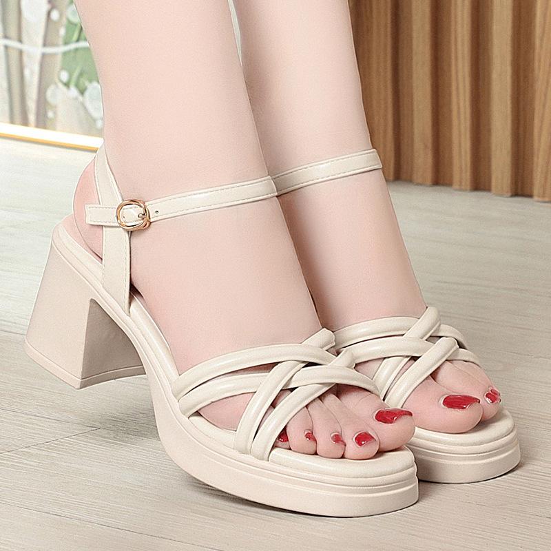 7cm All Match Fashion Thick Bottom Platform Sandals Soft Leather Heeled Shoes 2025 Summer Med Block Heels Sandals for Office Mom