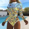Women Long Sleeve One Piece Swimsuit Zip Front  Colorful Flowers Print Rash Guard Surfing Bathing Suit