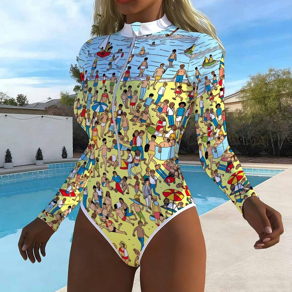 Women Long Sleeve One Piece Swimsuit Zip Front  Colorful Flowers Print Rash Guard Surfing Bathing Suit