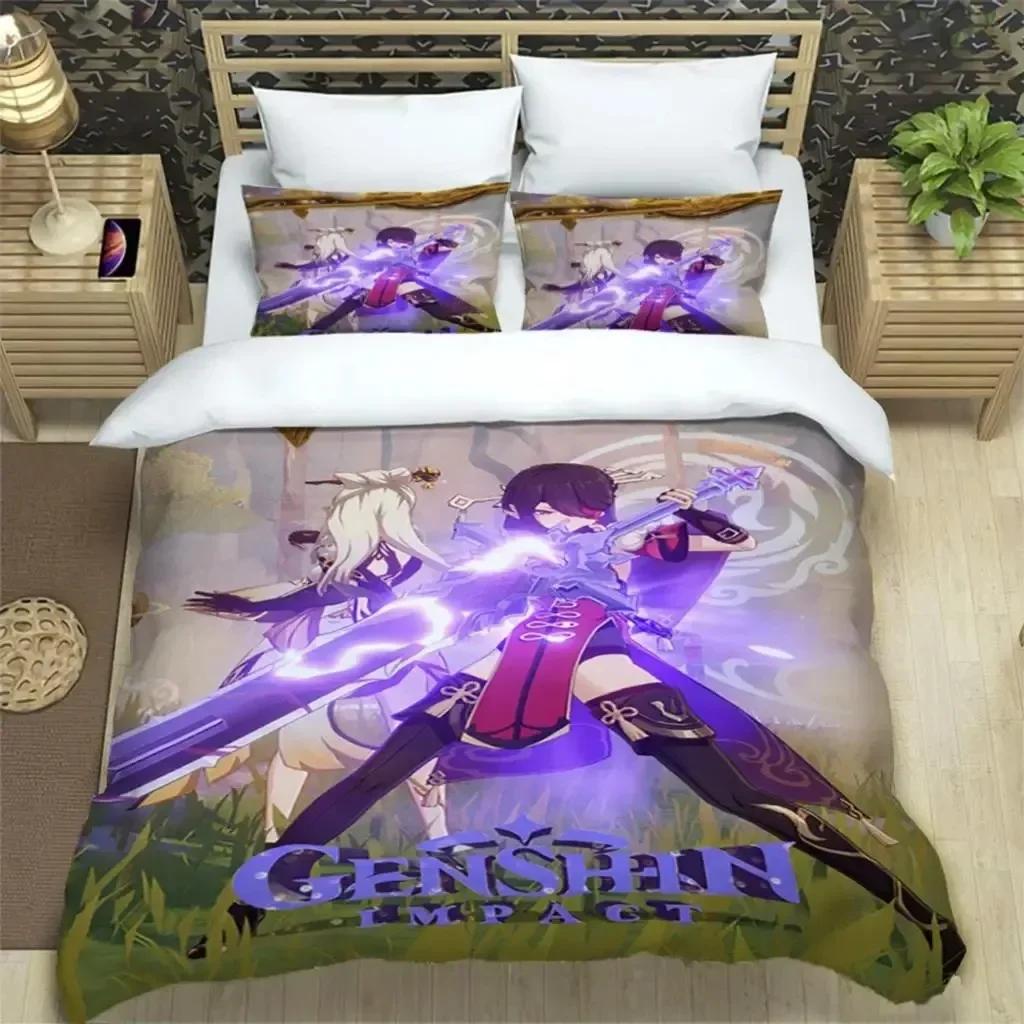 Dreiteiliges Bettwäscheset mit Genshin Impact-Print, Modeartikel für Jungen oder Erwachsene, für Betten, Bettbezüge, Kissenbezüge, Bettwäscheset