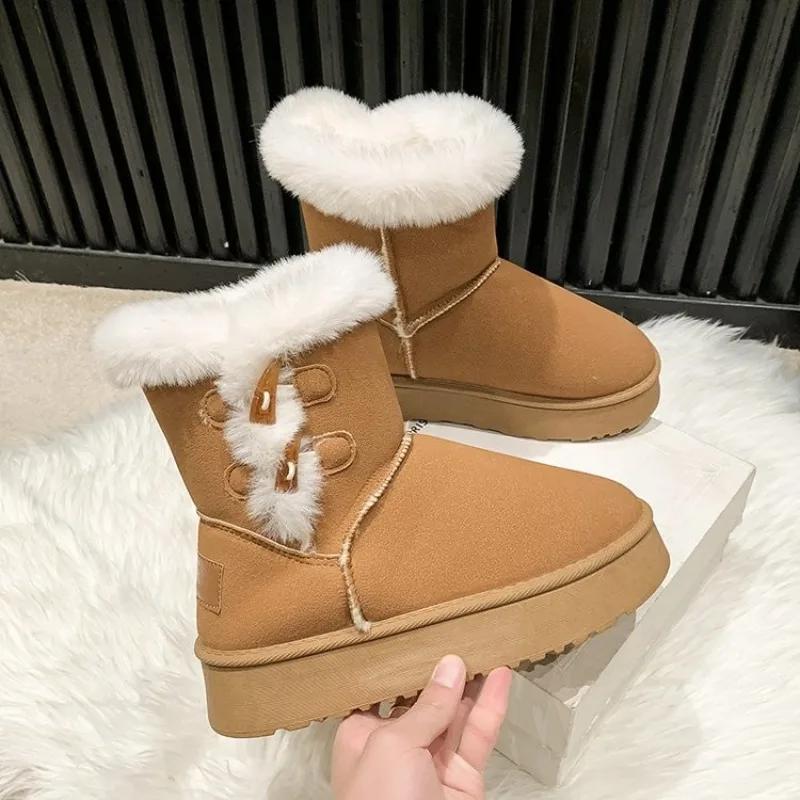 Fashion Winter New Thick Snow Boots Women Fashion Round Head Suede Horn Buckle Anti-slip Wear-resistant Mid-calf Boots
