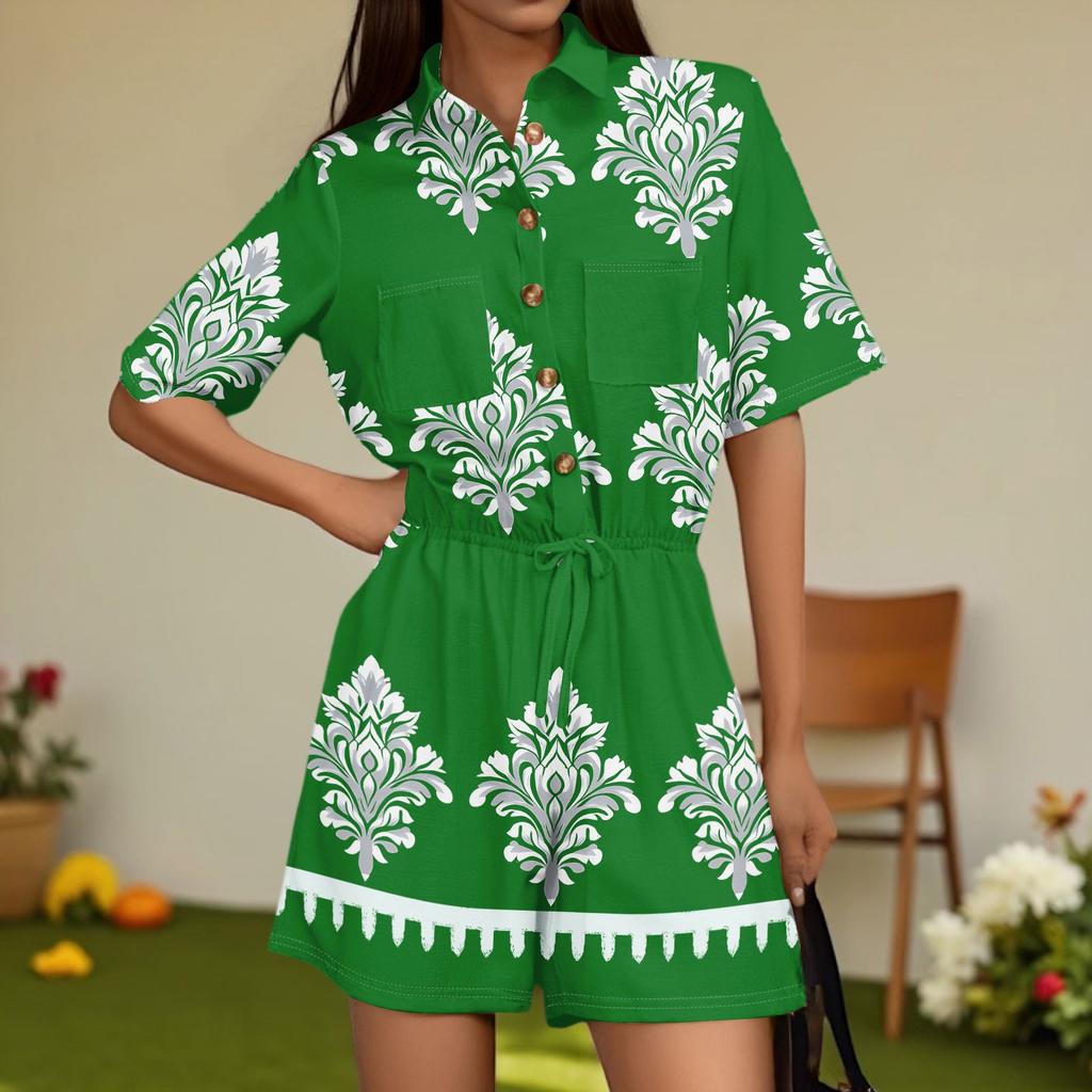 Women's Fashion V-neck Jumpsuit Plaid Casual Short Sleeve Top Jumpsuit