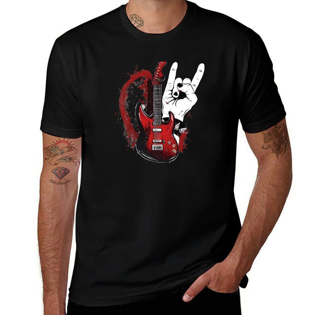 Electric Guitar and Rocker Hand Gesture Art T-Shirt Work Basic Short Sleeve Top