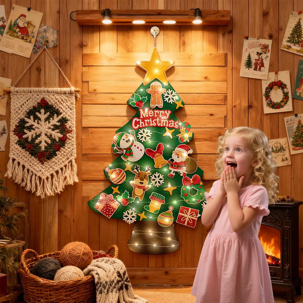 Filt Julgran med 3m LED-slinga Väggdekal Barnens Julgran för Sovrum Barnkammare Utomhus Inomhus