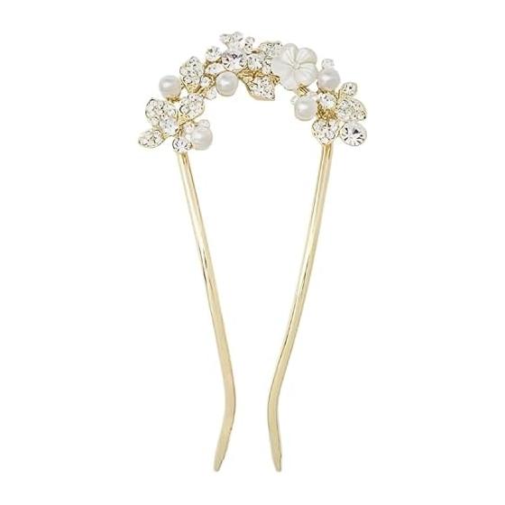 Miaomyao U-Shaped Hairpin with Flower and Pearl, Antique White & Gold Finish, Elegant Hair Accessory for Kimono, Yukata, Formal Occasions, Parties,