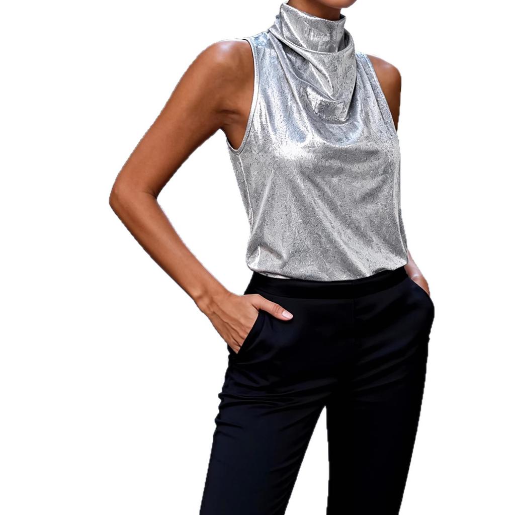 Autumn European and American comfortable and casual sleeveless small turtleneck pullover solid color T-shirt women's clothing
