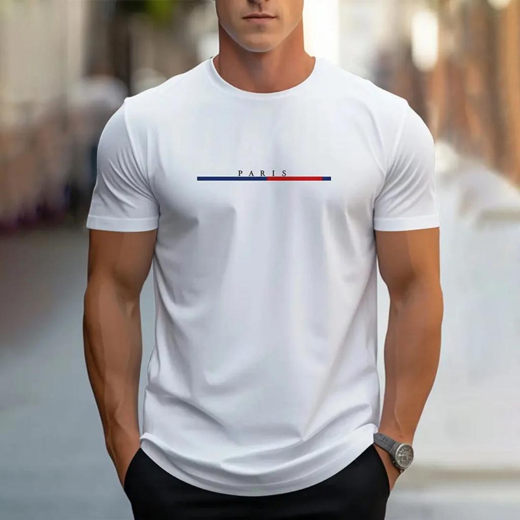 Summer Casual Loose PARI Letter Pattern Printed T-shirts Round Neck Short Sleeved Men's T-shirts