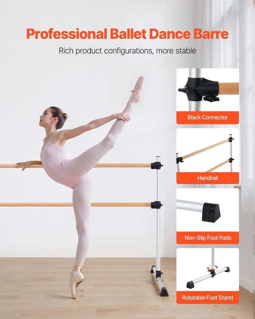 Ballet Barre, Double Beechwood Barre Bar for Home, Freestanding Portable Ballet Stretching Dance Bars, Height Adjustable Anti-Wobble Fitness Gym