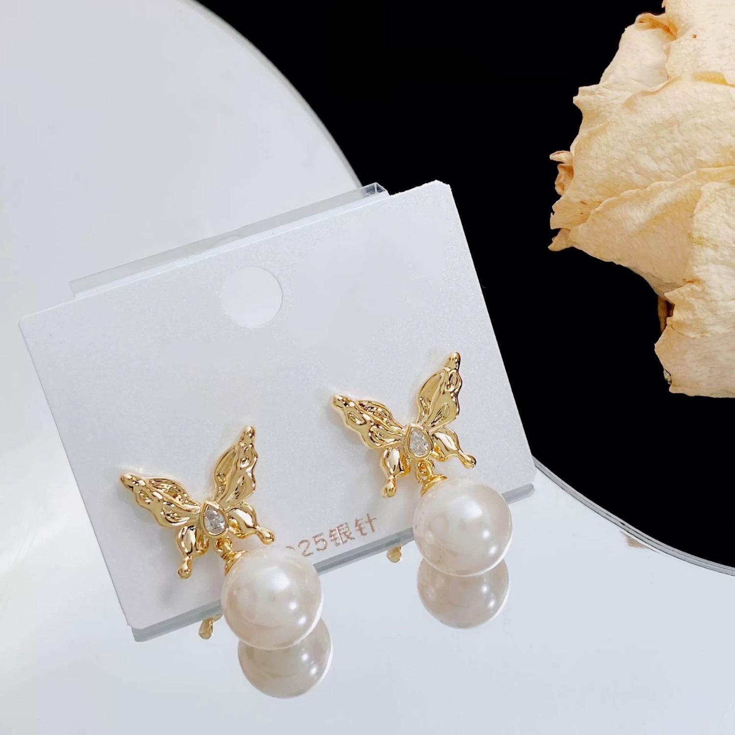 Elegant Butterfly Pearl Earrings with Diamonds - S925 Silver, Forest Style, 2024
