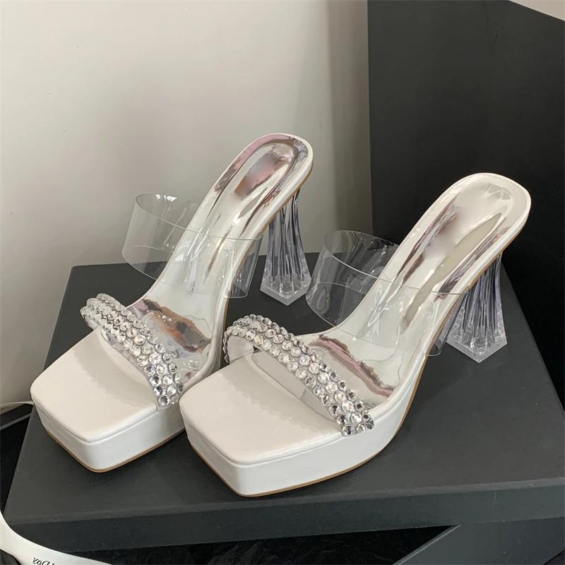 Street Style CRYSTAL PVC Transparent Square Toe Slippers Women Platform Heels Banquet Party Slide Shoes Zapatos De Mujer