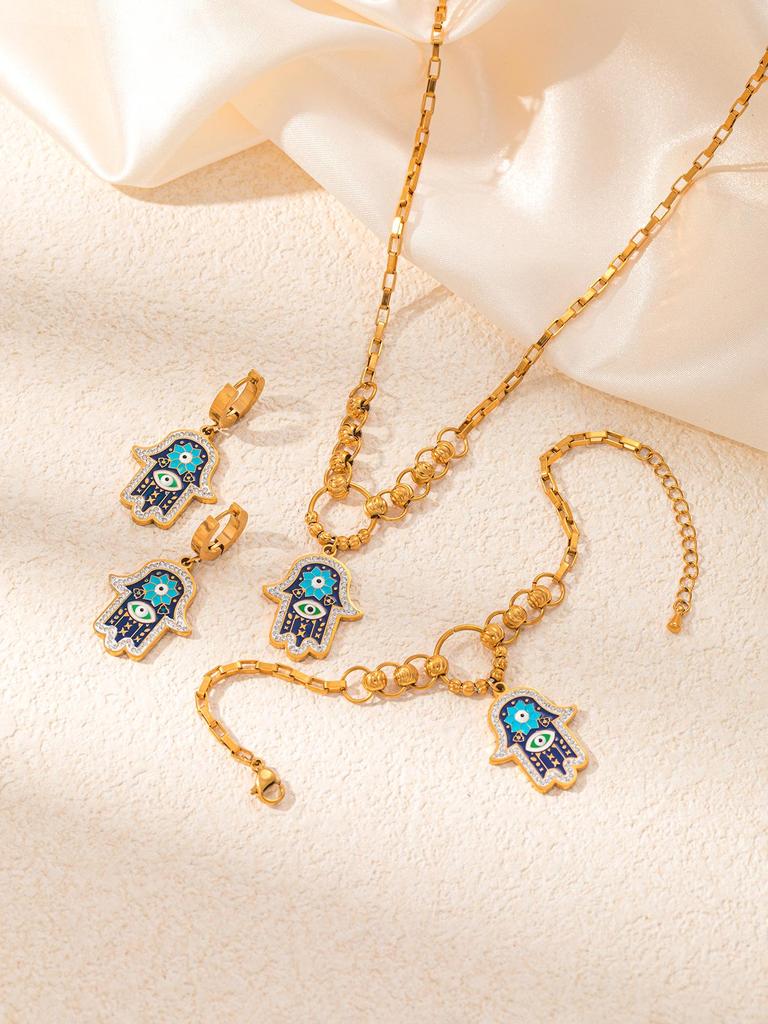 Stainless Steel Women's Jewelry Set: Non-Fading Necklace, Earrings, and Ring - Trendy Fashion Accessories