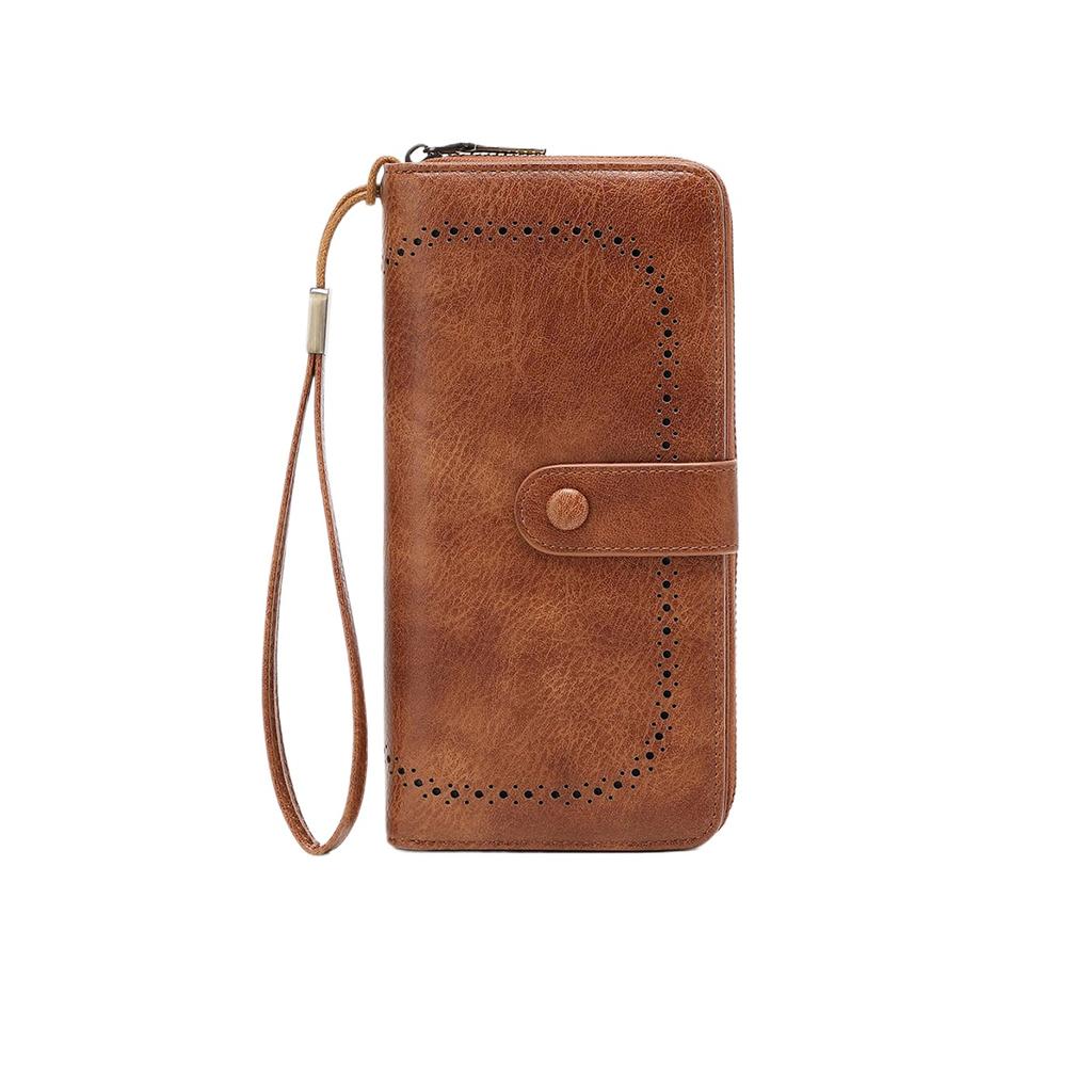 Multifunctional Women's Wallet Retro Oil Wax Leather Long Wallet Simple Large Capacity Card Bag