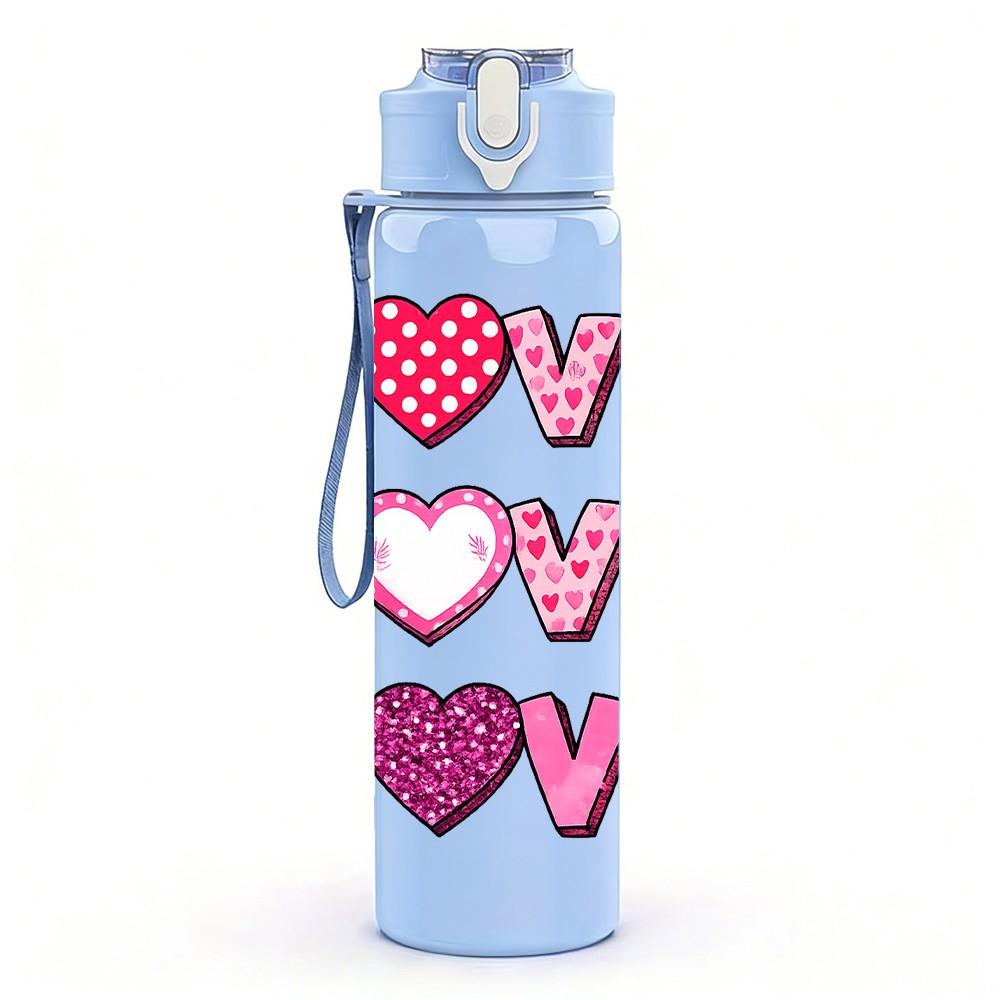1PC Love Love Heart Text 750ml Color Plastic Sports Water Bottle Leakproof Flip Straw Lid Suitable for Sports Office Home Use