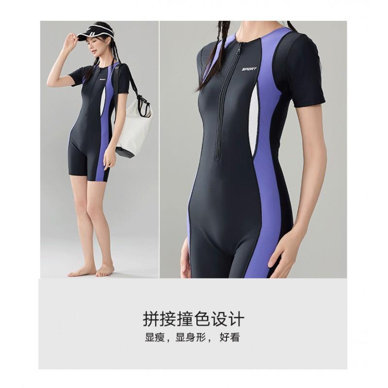 Swimsuit Women's One-piece Short-sleeved Quarter-pants Conservative Slimming Student Sports Large Size Hot