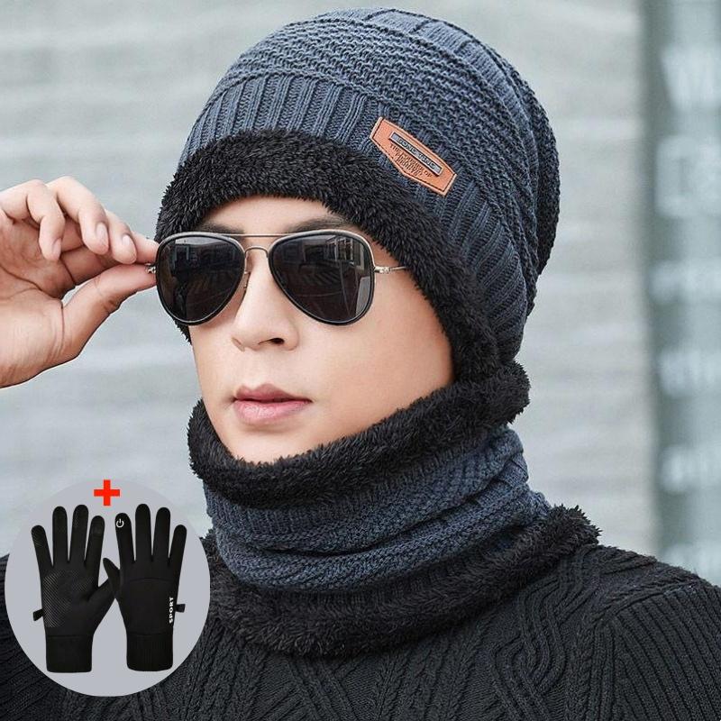 Men's Winter Knitted Beanie Hat, Neck-Warming Scarf, and Touchscreen Glove Set with Wool-Lined Skull Cap