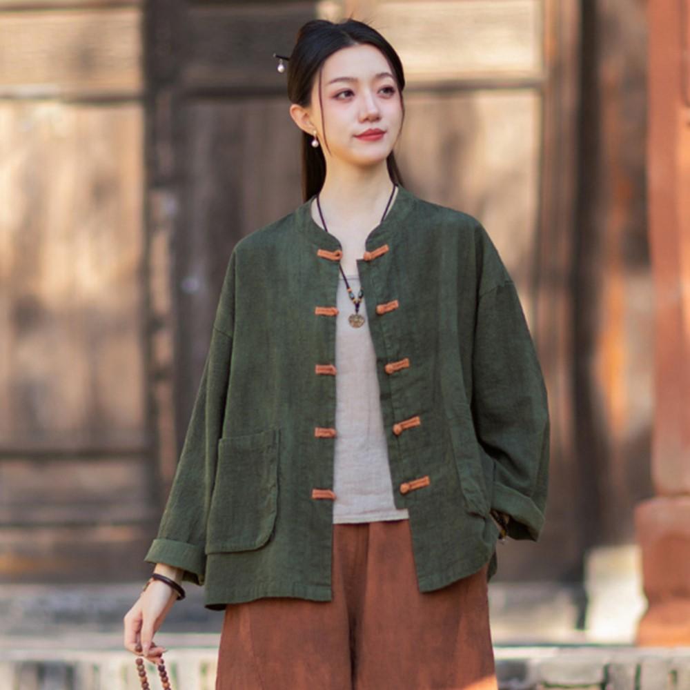Women Vintage Shirts Tops Stand Long Sleeve Spring Chinese Style Button High Quality Cardigan Blouses