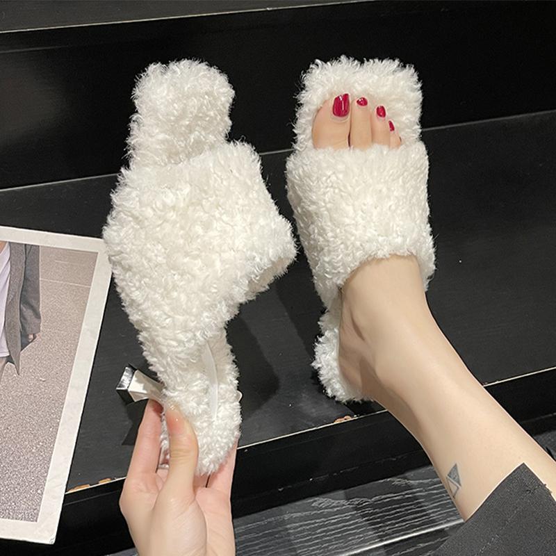 Fur Women High Heels Slippers Winter Dress Cotton Shoes Winter Designer Woman Pumps 2025 New Luxury Zapatos De Mujer