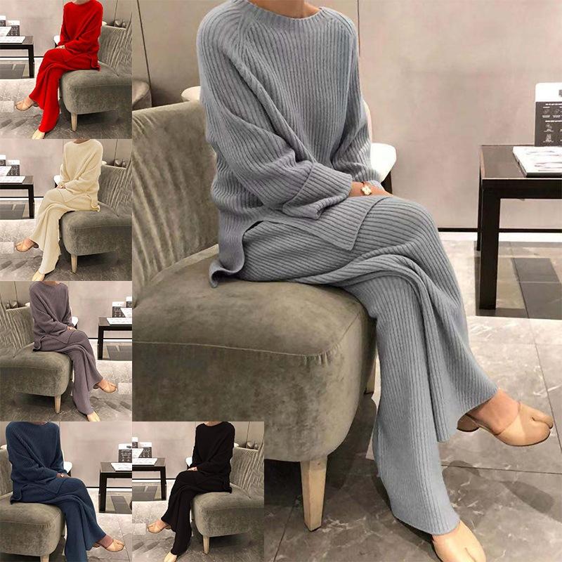 Women's Solid-Color Knit Casual Two-Piece Set with Long Sleeves for Fall/Winter