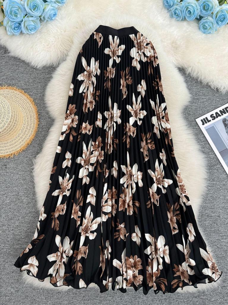Women's Versatile High Waist A-Line Floral Pleated Midi Skirt